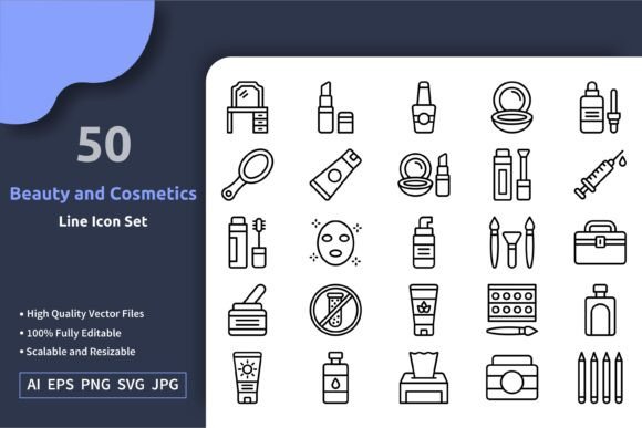 Download 50 Vector Beauty and Cosmetics Line Icon - Cosmetics Collection